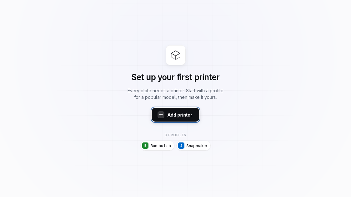 n3o-slic3r first-run screen: 'Set up your first printer' with profile chips for Bambu Lab and Snapmaker.