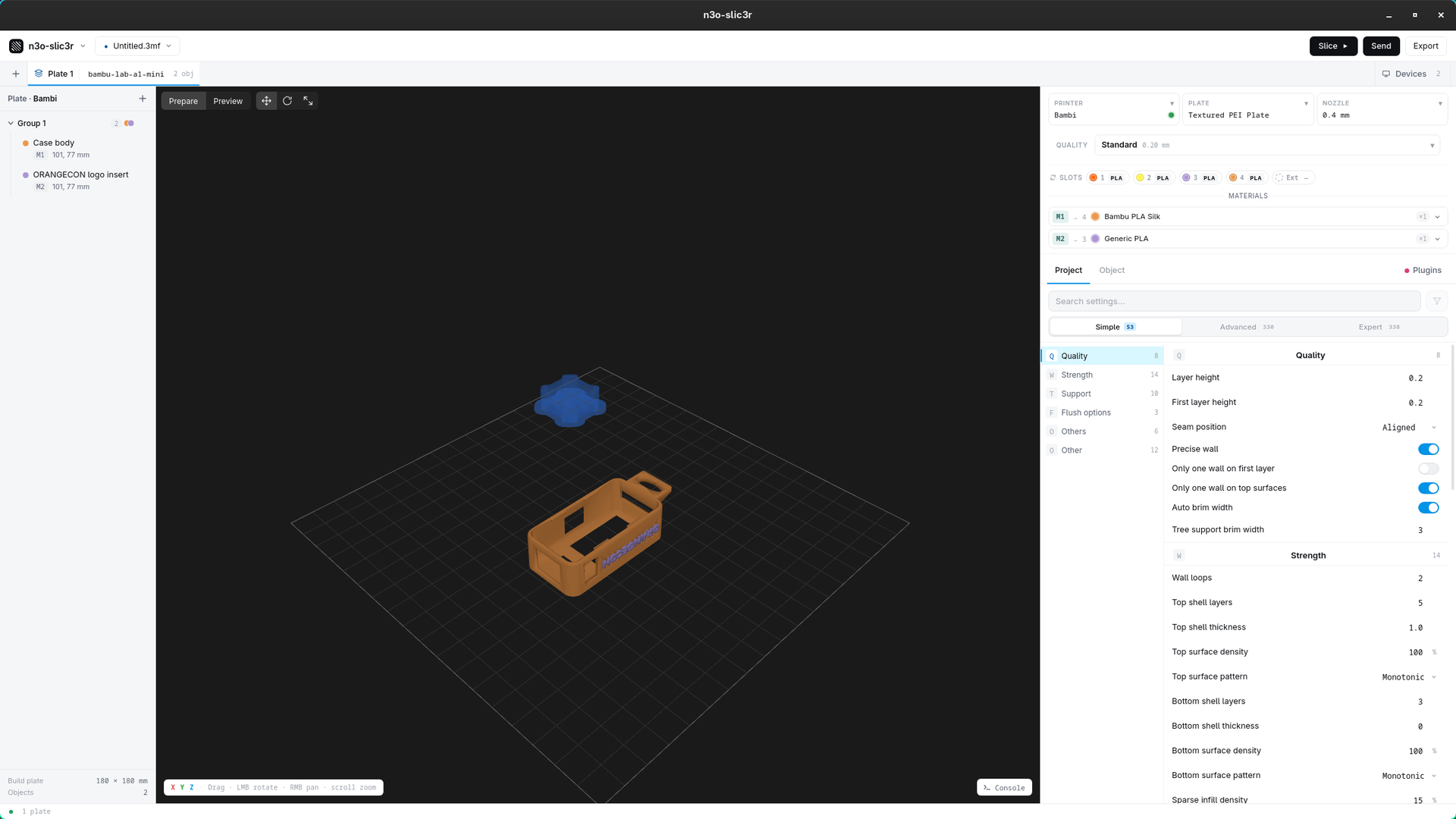 Prepare workspace: a multi-material case on the 3D plate with the priming tower, the transform toolbar, and the settings panel resolving each value through the cascade.